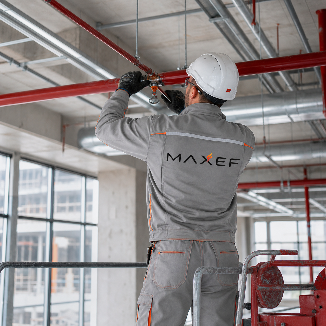 Maxef saha teknisyeni sprinkler sistemi uygulaması gerçekleştiriyor