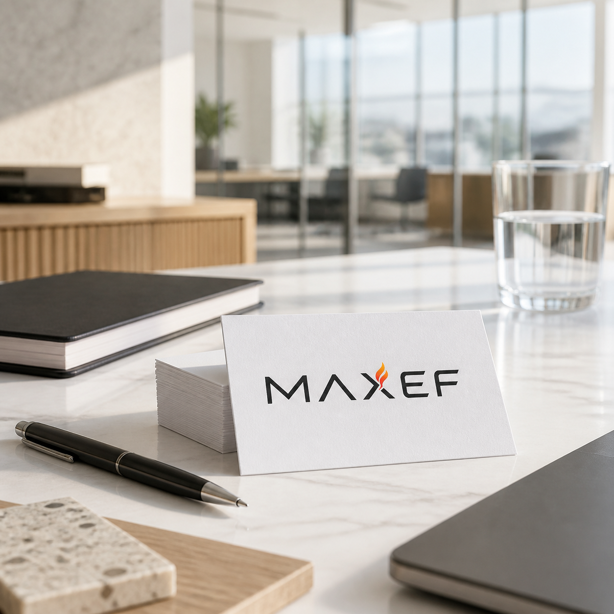 Aydınlık ofis çalışma masasında Maxef logolu kurumsal kartvizitler