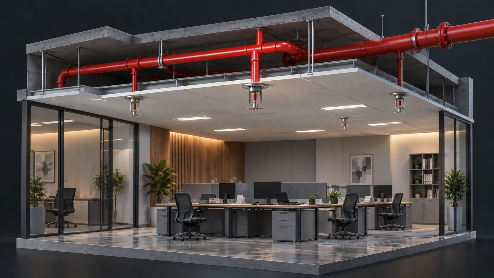 Kırmızı sprinkler tesisatıyla korunan modern ofisin üç boyutlu kesiti