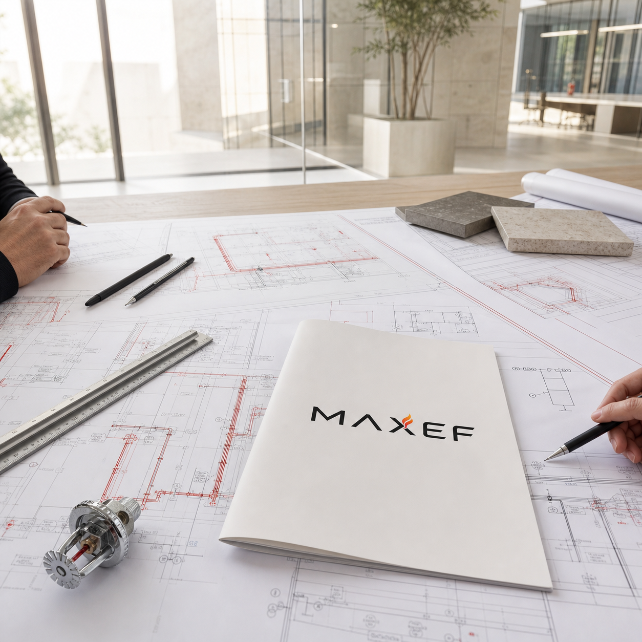 Maxef logolu proje dosyası ve yangın sistemi teknik çizimleri bulunan aydınlık mühendislik ofisi